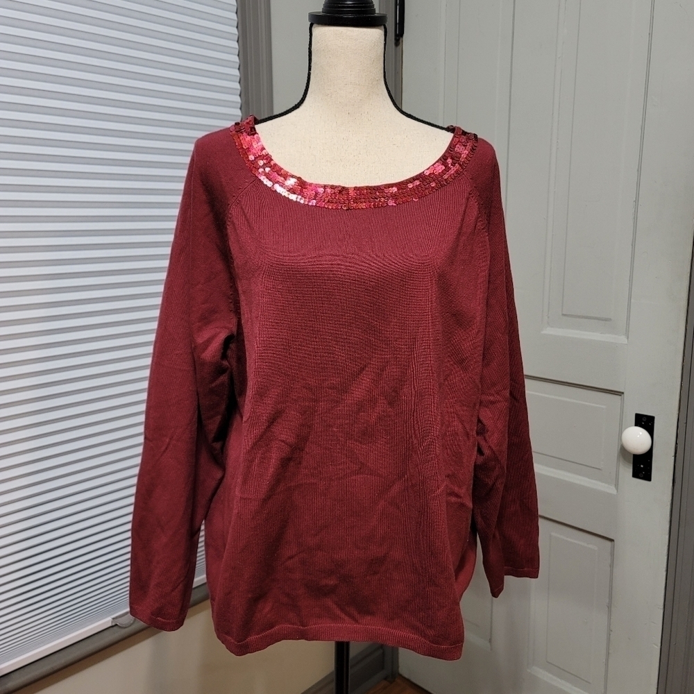Lane Bryant Sequins Neckline Red Wine Sweater